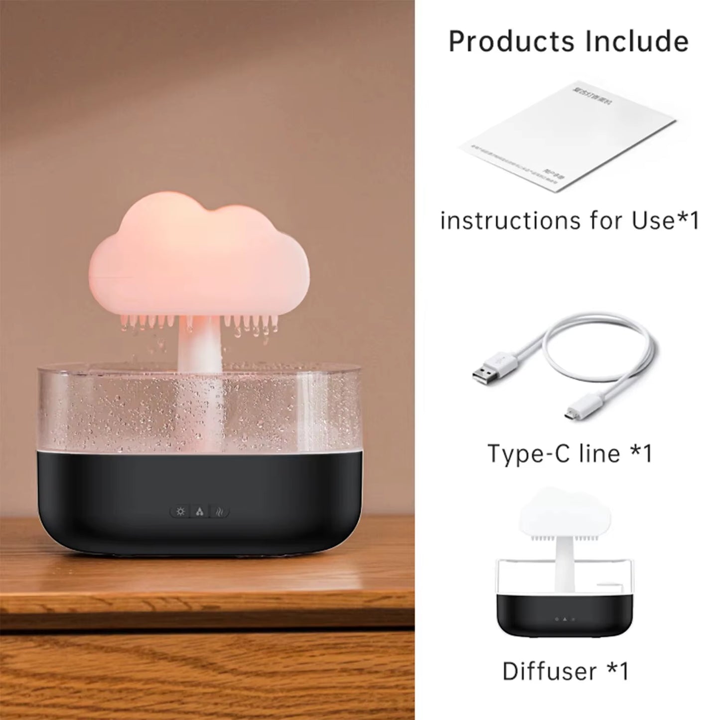 Rain Cloud Humidifier 200ML Essential Oils Aroma Diffuser with Water Drops and Colorful Night Light Mushroom Humidifier